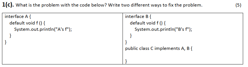 1(c). What is the problem with the code below? Write two different ways to fix the problem.
(5)
interface A {
interface B {
default void f () {
System.out.println("A's f");
}
default void f () {
System.out.printIn("B's f");
}
}
}
public class C implements A, B {
