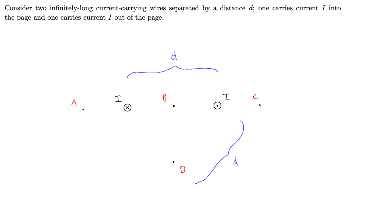 **Title: Analysis of Magnetic Field Between Two Infinitely-Long Current-Carrying Wires**

**Introduction:**

Consider two infinitely-long current-carrying wires separated by a distance \( d \). One wire carries a current \( I \) into the page, indicated by the symbol \( \otimes \), and the other wire carries a current \( I \) out of the page, indicated by the symbol \( \odot \).

**Diagram Analysis:**

The diagram illustrates the spatial arrangement of the two current-carrying wires and the points under consideration:

1. **Wire on the Left Side:**
   - Carries a current \( I \) into the page (\( \otimes \)).
2. **Wire on the Right Side:**
   - Carries a current \( I \) out of the page (\( \odot \)).
3. **Separation Distance \( d \):**
   - This is the horizontal distance between the two wires.
   
   There are four labeled points around the wires:

   - **Point A:** Positioned to the left of the wire carrying current into the page.
   - **Point B:** Located exactly midway between the two wires.
   - **Point C:** Positioned to the right of the wire carrying current out of the page.
   - **Point D:** Positioned below the midpoint, at a vertical distance \( d \) from the midpoint \( B \).

**Exploring Magnetic Fields:**

- **Point A:** 
  - The magnetic field at point A due to the left wire (\( \otimes \)) and the right wire (\( \odot \)) can be determined using Biot-Savart Law or Ampere's Law.
  
- **Point B:**
  - At this midpoint, the magnetic fields from both wires may exhibit symmetry. The direction and magnitude of the net magnetic field need to be computed by considering the contributions from both currents.

- **Point C:**
  - The magnetic field analysis at point C, similar to point A, considers the influence of both wires.

- **Point D:**
  - This point below the midpoint requires considering the vertical component of the magnetic fields.

Understanding these magnetic field interactions is essential in electromagnetism, particularly how the superposition principle applies to magnetic fields generated by currents in different directions.

**Conclusion:**

This analysis is crucial for comprehending phenomena such as magnetic field lines, forces between current-carrying conductors, and