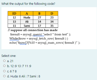 What the output for the following code?
ID
A
B
D
27
14
12
Huda
23
13
Ali
34
11
Sami
17
35
Il suppose all connection has made
Sresult = mysql_query( "select * from test" );
While($row = mysql_fetch_row( $result ))
echo("$row[3]%10 + mysql_num_rows( $result )" );
Select one:
O a. 21
O b. 12 :9 13 :7 11 :9
Oc. 678
O d. Huda: 6 Ali : 7 Sami :8
