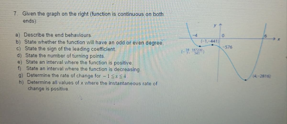 7. Given the graph on the right (function is continuous on both
ends)
a) Describe the end behaviours.
b) State whether the function will have an odd or even degree.
c) State the sign of the leading coefficient.
d) State the number of turning points.
e) State an interval where the function is positive.
f) State an interval where the function is decreasing.
g) Determine the rate of change for - 1Sx 4
h) Determine all values of x where the instantaneous rate of
change is positive.
-4
9.
(-1,-441)
-576
187200
(4,-2816)
