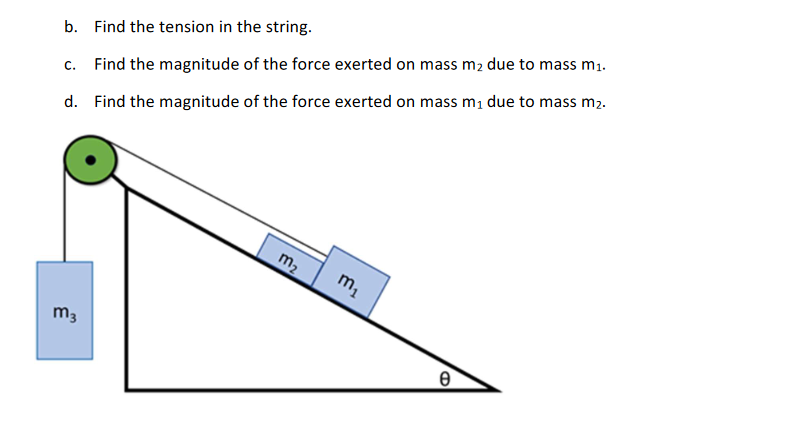 b. Find the tension in the string.
C. Find the magnitude of the force exerted on mass m₂ due to mass m₁.
d. Find the magnitude of the force exerted on mass m₁ due to mass m₂.
m3
m₂
m₁
Ө