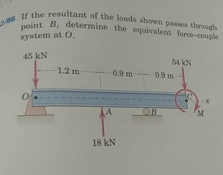 2/86 If the resultant of the loads shown passes through
noint B, determine the equivalent force-couple
system at O.
45 kN
54 kN
1.2 m
0.9 m 0.9 m
M
18 kN
