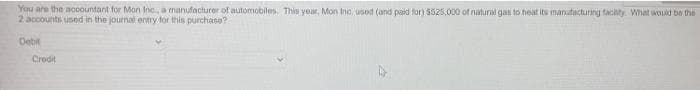 You are the accountant for Mon Inc, a manufacturer of automobiles. This yoar, Mon Inc, used (and paid for) $525,000 of natural gas to heat its manutacturing tacity What would be the
2 accounts used in the journal entry for this purchase?
Detit
Credit
