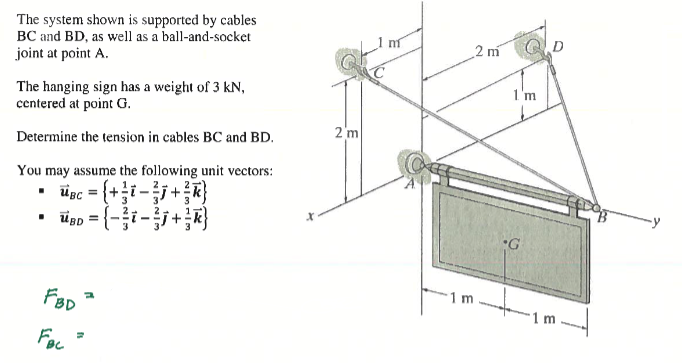 The system shown is supported by cables
BC and BD, as well as a ball-and-socket
joint at point A.
The hanging sign has a weight of 3 kN,
centered at point G.
Determine the tension in cables BC and BD.
You may assume the following unit vectors:
UBC = {+ - + R)
UBD = {-i-j+k}
.
FBD
Fac
=
2m
2 m
I'm
•G
D