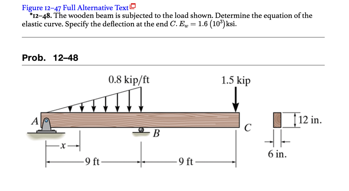 Figure 12-47 Full Alternative Text
*12-48. The wooden beam is subjected to the load shown. Determine the equation of the
elastic curve. Specify the deflection at the end C. Ew 1.6 (10³)ksi.
Prob. 12-48
A
-9 ft
0.8 kip/ft
B
=
9 ft
1.5 kip
C
HE
6 in.
12 in.