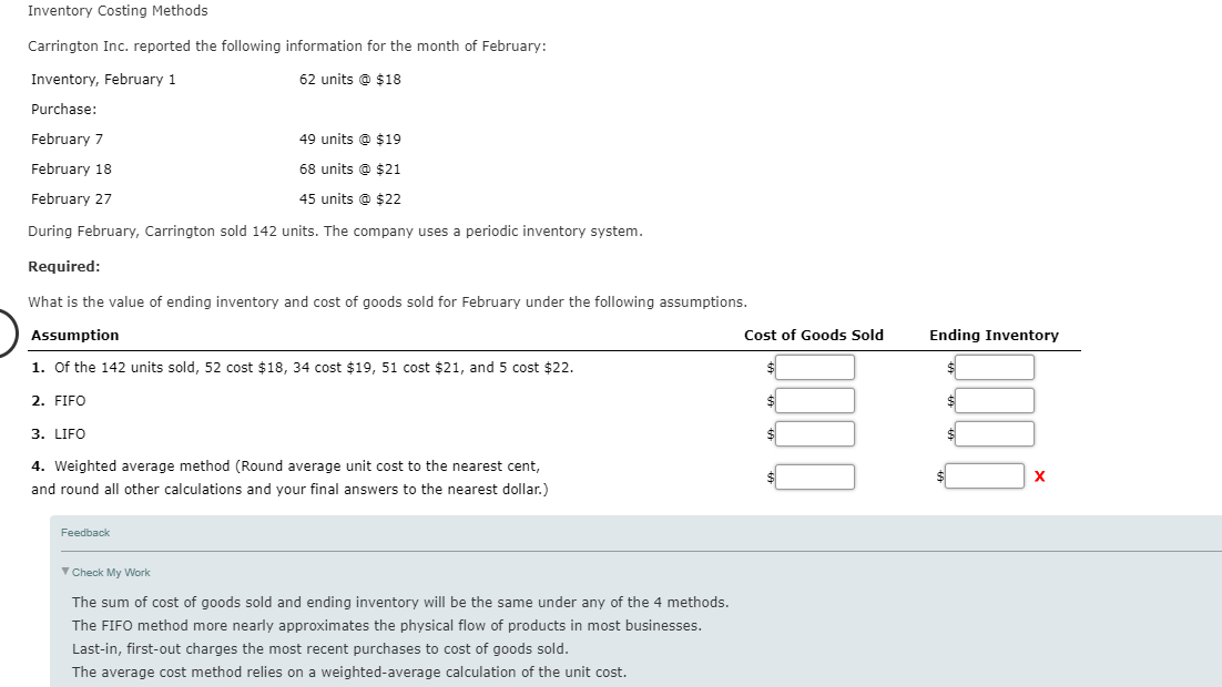 2. FIFO
3. LIFO
4. Weighted average method (Round average unit cost to the nearest cent,
and round all other calculations and your final answers to the nearest dollar.)
