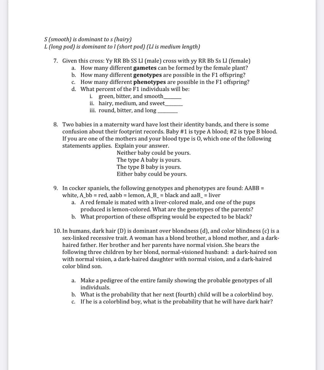 S (smooth) is dominant to s (hairy)
L (long pod) is dominant to I (short pod) (Ll is medium length)
7. Given this cross: Yy RR Bb SS LI (male) cross with yy RR Bb Ss Ll (female)
a. How many different gametes can be formed by the female plant?
b. How many different genotypes are possible in the F1 offspring?
c. How many different phenotypes are possible in the F1 offspring?
d. What percent of the F1 individuals will be:
i. green, bitter, and smooth.
ii. hairy, medium, and sweet
iii. round, bitter, and long.
8. Two babies in a maternity ward have lost their identity bands, and there is some
confusion about their footprint records. Baby #1 is type A blood; #2 is type B blood.
If you are one of the mothers and your blood type is 0, which one of the following
statements applies. Explain your answer.
Neither baby could be yours.
The type A baby is yours.
The type B baby is yours.
Either baby could be yours.
9. In cocker spaniels, the following genotypes and phenotypes are found: AABB =
white, A_bb = red, aabb = lemon, A_B_ = black and aaB_ = liver
a. A red female is mated with a liver-colored male, and one of the pups
produced is lemon-colored. What are the genotypes of the parents?
b. What proportion of these offspring would be expected to be black?
10. In humans, dark hair (D) is dominant over blondness (d), and color blindness (c) is a
sex-linked recessive trait. A woman has a blond brother, a blond mother, and a dark-
haired father. Her brother and her parents have normal vision. She bears the
following three children by her blond, normal-visioned husband: a dark-haired son
with normal vision, a dark-haired daughter with normal vision, and a dark-haired
color blind son.
a. Make a pedigree of the entire family showing the probable genotypes of all
individuals.
b. What is the probability that her next (fourth) child will be a colorblind boy.
c. If he is a colorblind boy, what is the probability that he will have dark hair?
