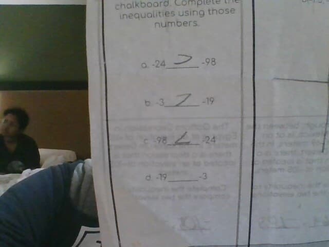 chalkboard. Comp
inequalities using those
numbers.
a-24-98
6-3-19
9824
d -19
-3