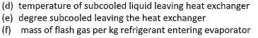 (d) temperature of subcooled liquid leaving heat exchanger
(e) degree subcooled leaving the heat exchanger
(f) mass of flash gas per kg refrigerant entering evaporator
