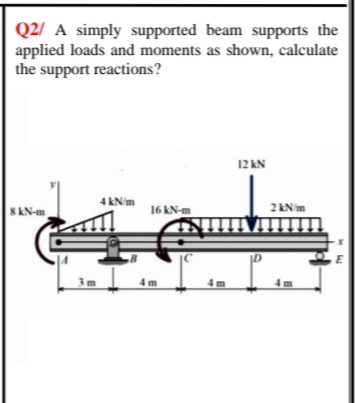 Q2/ A simply supported beam supports the
applied loads and moments as shown, calculate
the support reactions?
12 kN
4 kN/m
16 kN-m
2 kN/m
8 kN-m
3m
4 m
4 m
