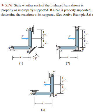 ► 5.76 State whether each of the L-shaped bars shown is
properly or improperly supported. If a bar is properly supported,
determine the reactions at its supports. (See Active Example 5.6.)
A
F
H
B
|²|
(1)
A
INTIN
F
(3)
MA
F
-L-
(2)