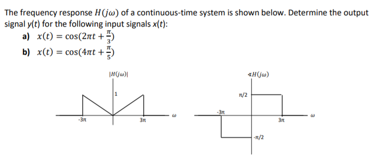 The frequency response H(jw) of a continuous-time system is shown below. Determine the output
signal y(t) for the following input signals x(t):
a) x(t) = cos(2nt +5)
b) x(t) = cos(4nt +)
«H(jw)
n/2
-3n
-3n
3n
3n
-n/2
