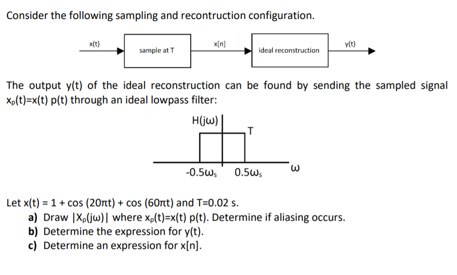 Consider the following sampling and recontruction configuration.
x(t)
x[n]
v(t)
sample at T
ideal reconstruction
The output y(t) of the ideal reconstruction can be found by sending the sampled signal
Xp(t)=x(t) p(t) through an ideal lowpass filter:
H(jw)
T
-0.5Ws
0.5Ws
Let x(t) = 1+ cos (20rt) + cos (60rt) and T=0.02 s.
a) Draw |Xp(jw)| where xp(t)=x(t) p(t). Determine if aliasing occurs.
b) Determine the expression for y(t).
c) Determine an expression for x[n].
