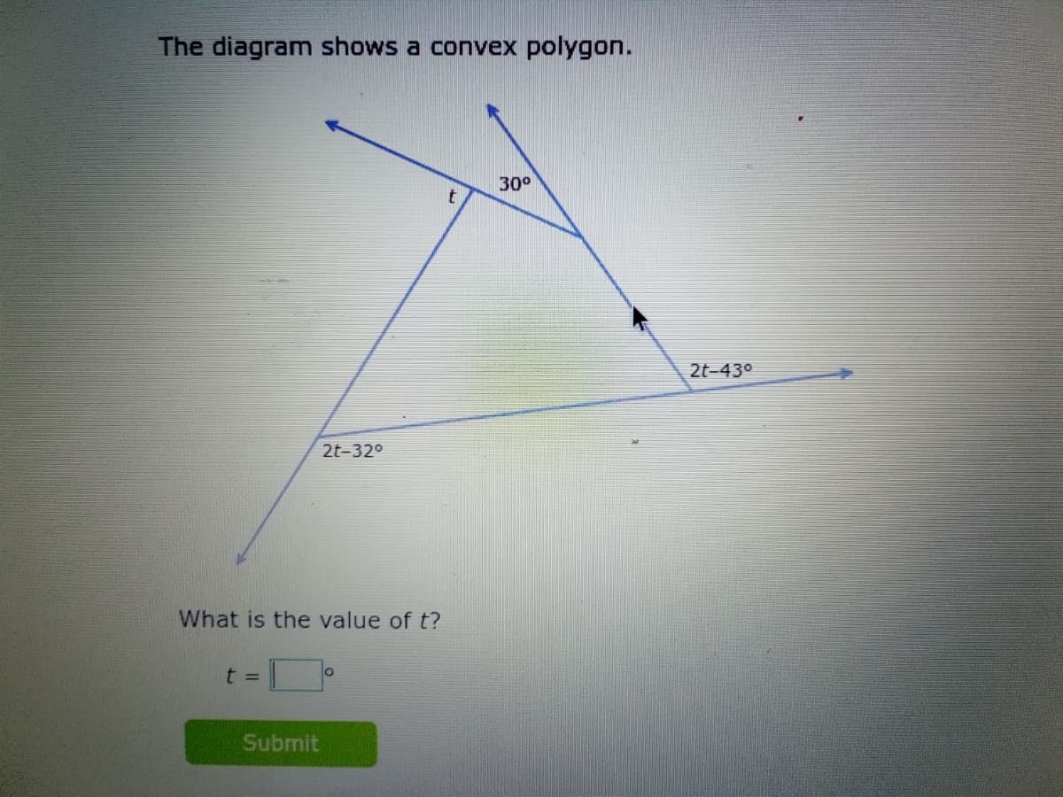 The diagram shows a convex polygon.
30°
2t-430
2t-32°
What is the value of t?
lo
Submit
