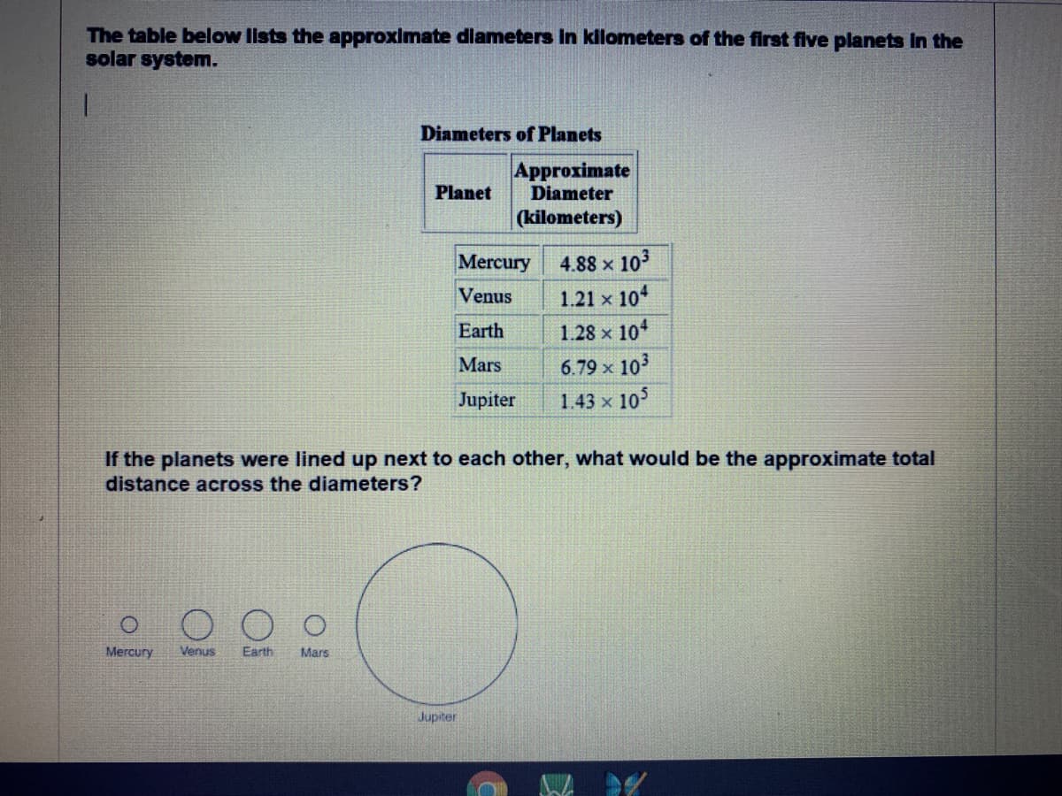 The table below lists the approximate diameters in kilometers of the first flve planets in the
solar system.
Diameters of Planets
Approximate
Diameter
Planet
(kilometers)
Mercury
4.88 x
× 10³
Venus
1.21 x 104
Earth
1.28 x 104
Mars
6.79 x 103
Jupiter
1.43 x 105
If the planets were lined up next to each other, what would be the approximate total
distance across the diameters?
Mercury
Venus
Earth
Mars
Jupiter
