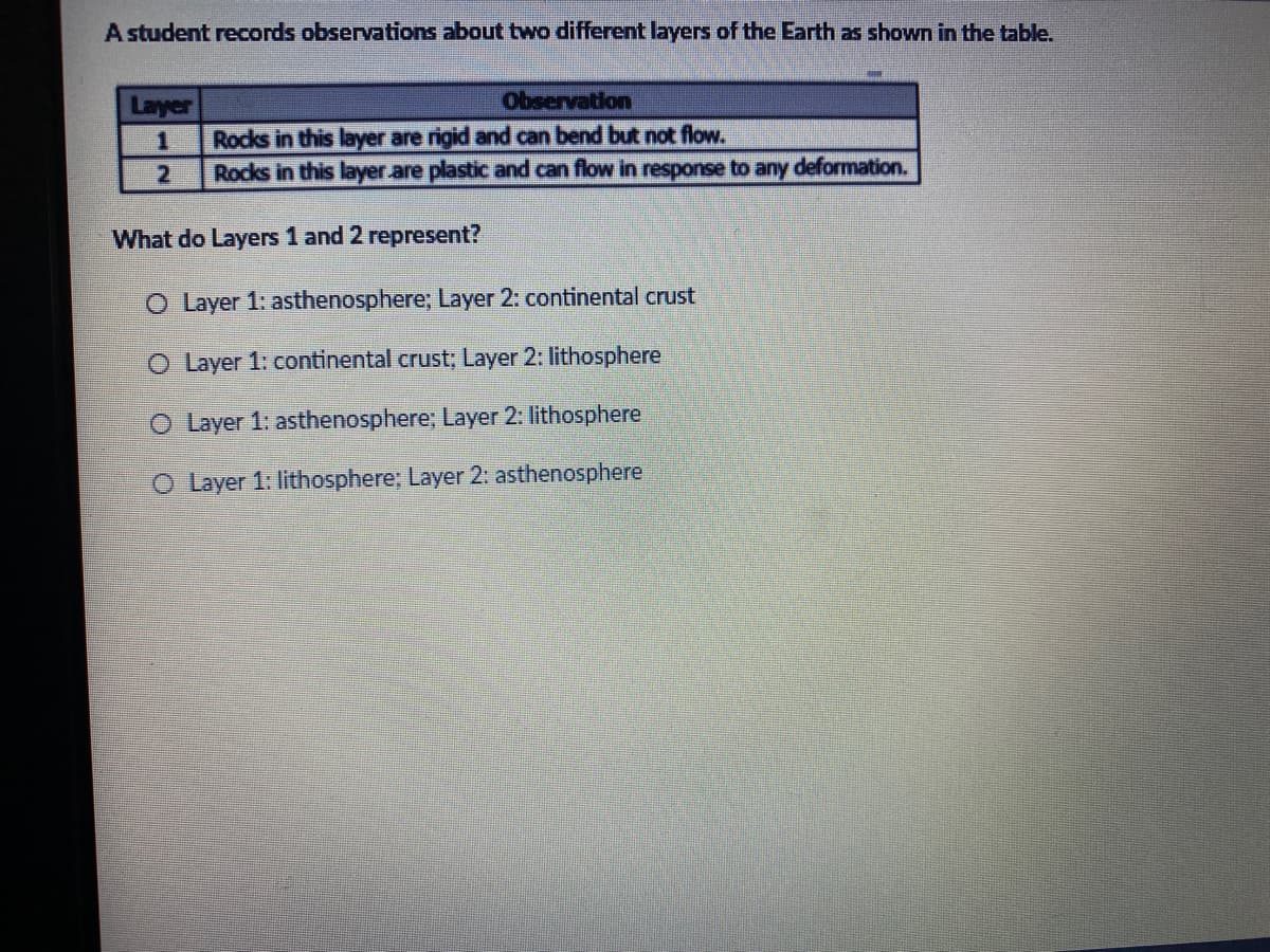 A student records observations about two different layers of the Earth as shown in the table.
Layer
Observation
Rocks in this layer are rigid and can bend but not flow.
Rocks in this layer.are plastic and can flow in response to any deformation.
What do Layers 1 and 2 represent?
O Layer 1: asthenosphere; Layer 2: continental crust
O Layer 1: continental crust; Layer 2: lithosphere
O Layer 1: asthenosphere; Layer 2: lithosphere
O Layer 1: lithosphere; Layer 2: asthenosphere
