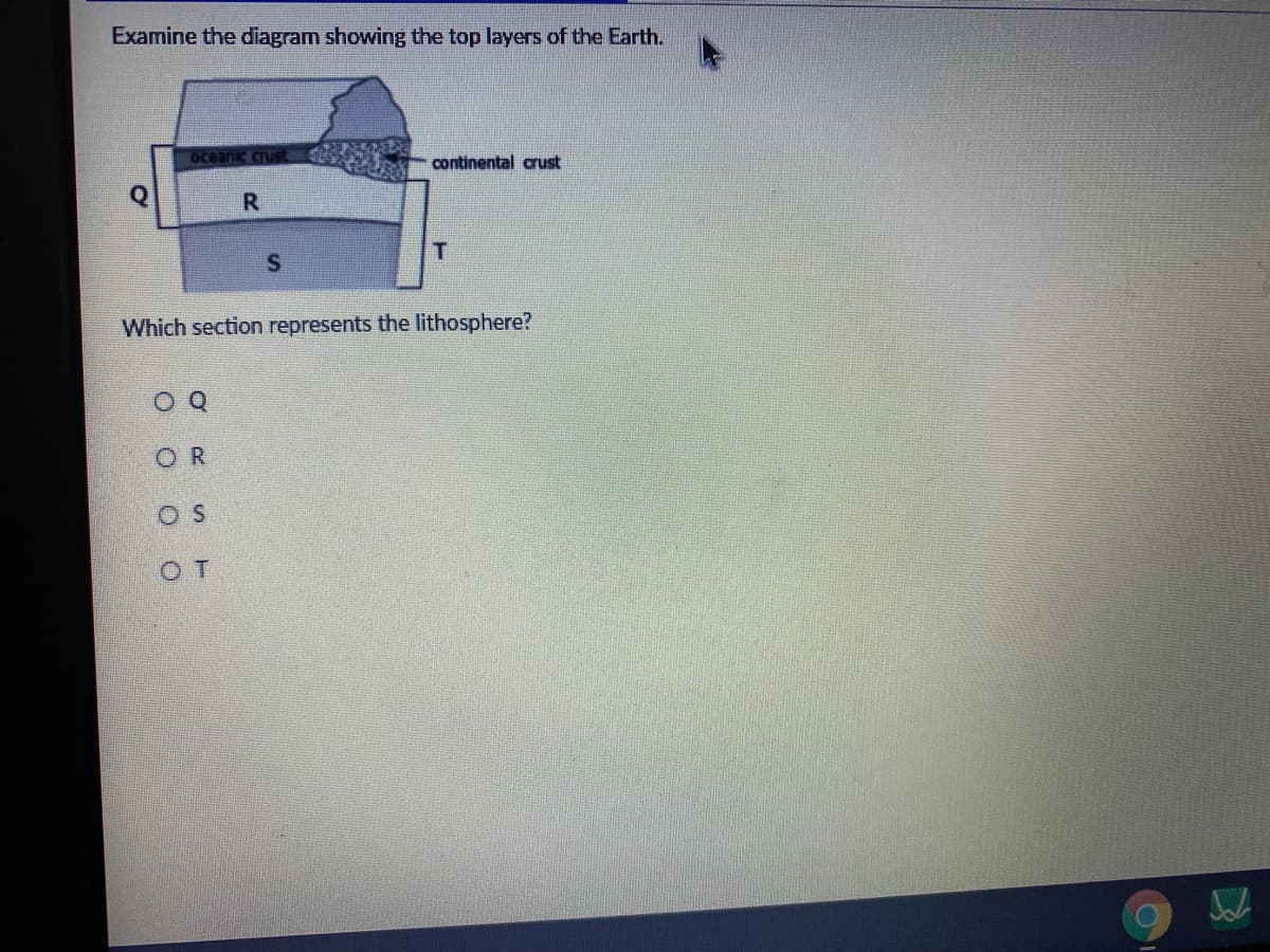 Examine the diagram showing the top layers of the Earth.
oceanic crUS
continental crust
R
Which section represents the lithosphere?
O Q
OR
OS
OT
