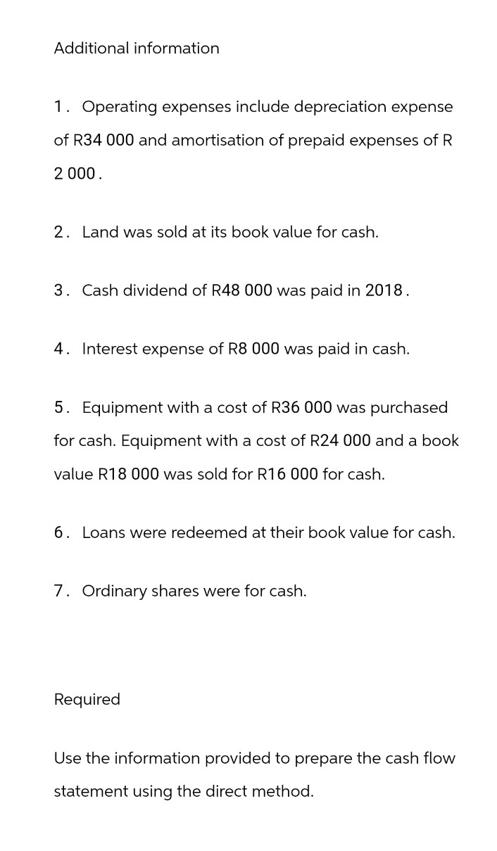 Additional information
1. Operating expenses include depreciation expense
of R34 000 and amortisation of prepaid expenses of R
2 000.
2. Land was sold at its book value for cash.
3. Cash dividend of R48 000 was paid in 2018.
4. Interest expense of R8 000 was paid in cash.
5. Equipment with a cost of R36 000 was purchased
for cash. Equipment with a cost of R24 000 and a book
value R18 000 was sold for R16 000 for cash.
6. Loans were redeemed at their book value for cash.
7. Ordinary shares were for cash.
Required
Use the information provided to prepare the cash flow
statement using the direct method.
