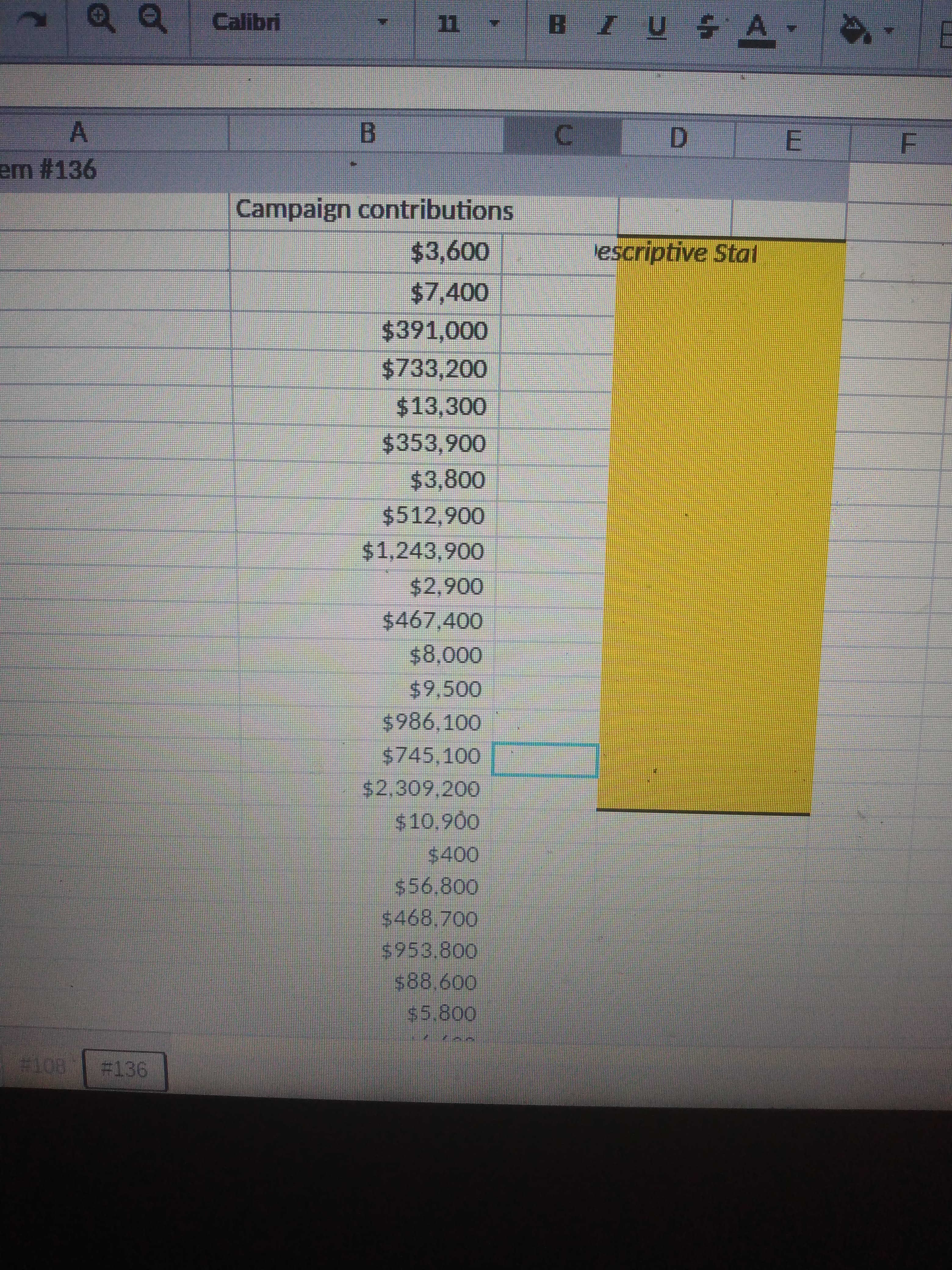 Calibri
V5nz日
B.
D.
em #136
E.
Campaign contributions
escriptive Stal
$7,400
$733,200
$4353,900
%243,800
$512,900
$1,243,900
%242,900
$467,400
$9,500
$986,100
$745,100
$2,309,200
$10.900
%24400
$56,800
5953.800
8OTH
