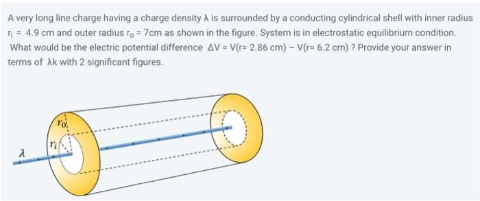 A
very long line charge having a charge density À is surrounded by a conducting cylindrical shell with inner radius
r₁ = 4.9 cm and outer radius ro = 7cm as shown in the figure. System is in electrostatic equilibrium condition.
What would be the electric potential difference AV = V(r= 2.86 cm) - V(r= 6.2 cm) ? Provide your answer in
terms of Ak with 2 significant figures.
2