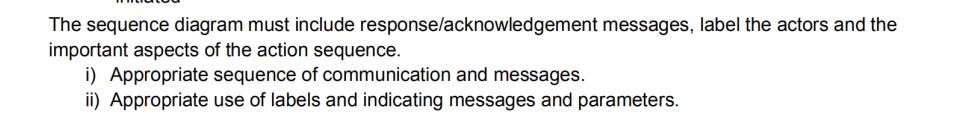 The sequence diagram must include response/acknowledgement messages, label the actors and the
important aspects of the action sequence.
i) Appropriate sequence of communication and messages.
ii) Appropriate use of labels and indicating messages and parameters.
