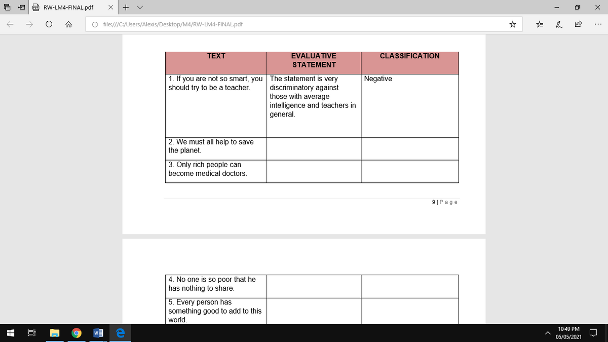 Co RW-LM4-FINAL.pdf
O file:///C:/Users/Alexis/Desktop/M4/RW-LM4-FINAL.pdf
TEXT
EVALUATIVE
CLASSIFICATION
STATEMΕNT
Negative
1. If you are not so smart, you The statement is very
discriminatory against
those with average
should try to be a teacher.
intelligence and teachers in
general.
2. We must all help to save
the planet.
3. Only rich people can
become medical doctors.
9|Page
|4. No one is so poor that he
has nothing to share.
5. Every person has
something good to add to this
world.
10:49 PM
05/05/2021
+
近
