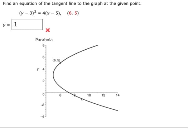 Find an equation of the tangent line to the graph at the given point.
(y - 3)² = 4(x - 5), (6,5)
y = 1
X
Parabola
6
y 4
2-
0
2
(6,5)
Leo
10
12
14