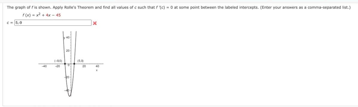 The graph of f is shown. Apply Rolle's Theorem and find all values of c such that f '(c) = 0 at some point between the labeled intercepts. (Enter your answers as a comma-separated list.)
f(x) = x² + 4x - 45
c = 5,-9
-40
(-9,0)
-20
40-
20-
0
-20-
(5,0)
20
X
40
