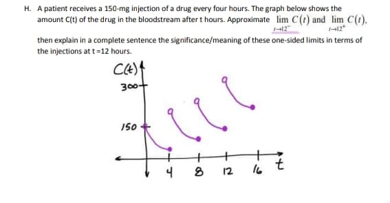 H. A patient receives a 150-mg injection of a drug every four hours. The graph below shows the
amount C(t) of the drug in the bloodstream after t hours. Approximate lim C(t) and lim C(t),
-12*
then explain in a complete sentence the significance/meaning of these one-sided limits in terms of
the injections at t=12 hours.
300+
150
t
12
