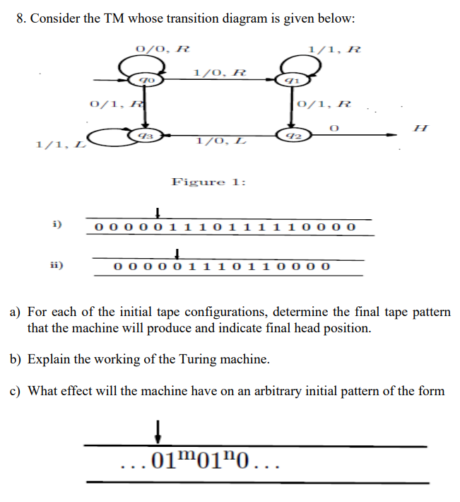 8. Consider the TM whose transition diagram is given below:
1/1, L
i)
ii)
0/0, R
1/1, R
1/0, R
qo
91
q q
0/1, R
0/1, R
93
42
1/0, L
Figure 1:
0 0 0 0 0 1110111110
↓
0 0 0 0 0 1 1 1 0 1 1 0 0
H
a) For each of the initial tape configurations, determine the final tape pattern
that the machine will produce and indicate final head position.
b) Explain the working of the Turing machine.
c) What effect will the machine have on an arbitrary initial pattern of the form
↓
. 01m01¹0...