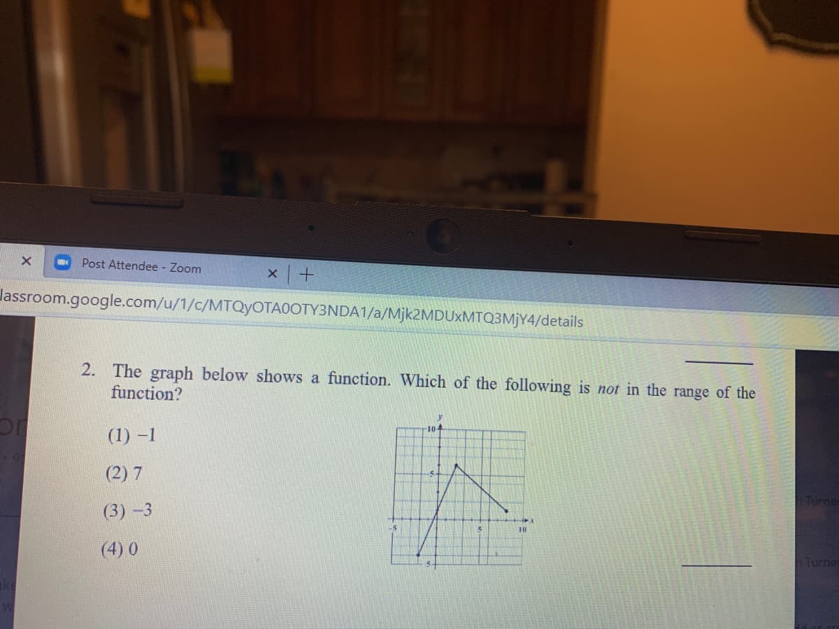 Post Attendee - Zoom
Jassroom.google.com/u/1/c/MTQYOTA0OTY3NDA1/a/Mjk2MDUxMTQ3MjY4/details
2. The graph below shows a function. Which of the following is not in the range of the
function?
(1) -1
(2) 7
Turne
(3) -3
10
(4) 0
Turne
