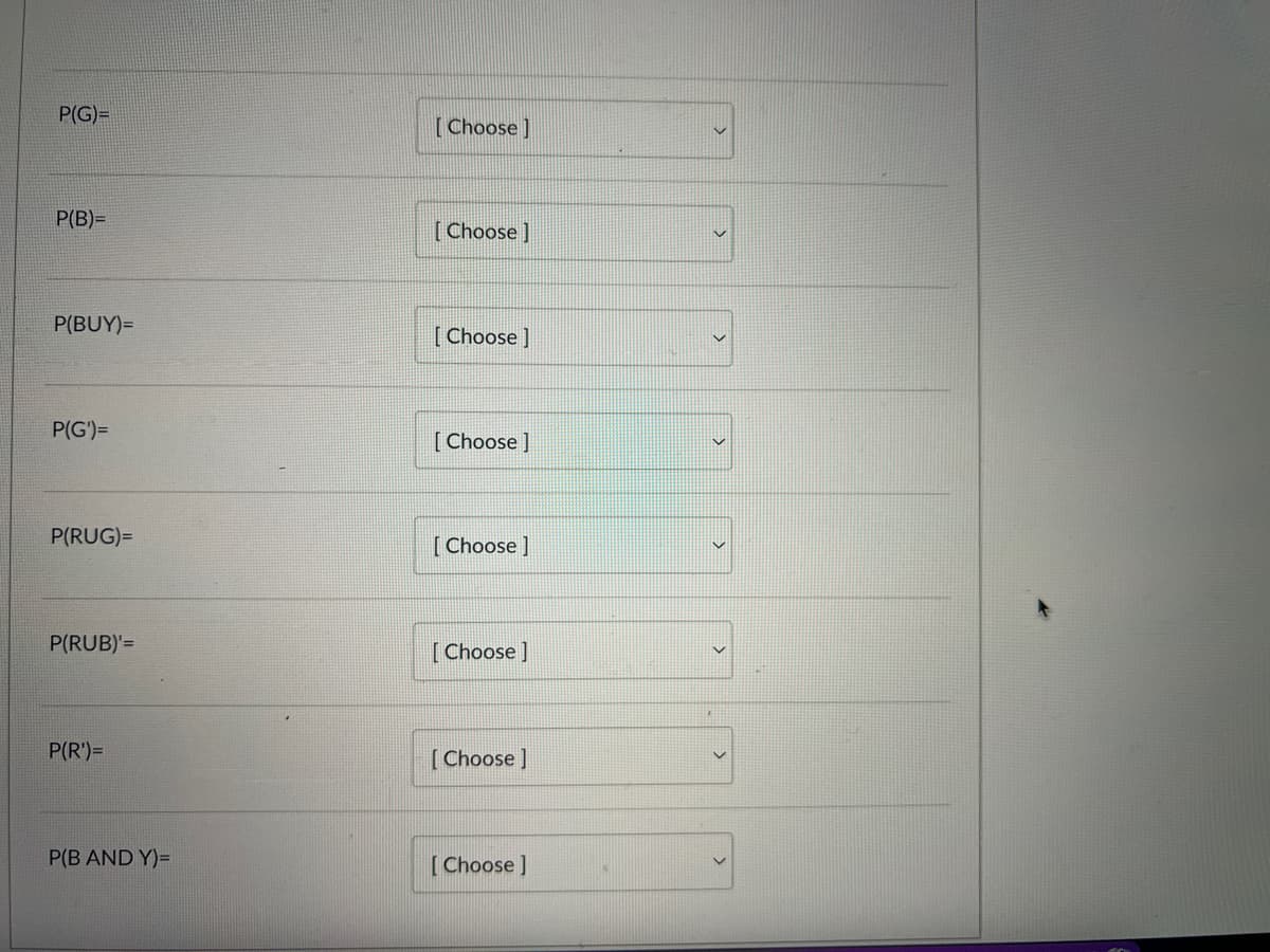 P(G)=
[Choose]
P(B)=
[Choose ]
P(BUY)=
[ Choose ]
P(G')=
[ Choose ]
P(RUG)=
[ Choose ]
P(RUB)'=
[Choose]
P(R')=
[Choose ]
P(B AND Y)=
[Choose ]
