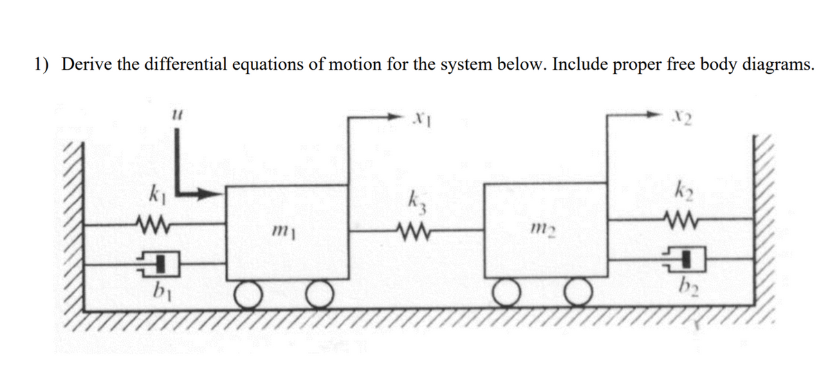 1) Derive the differential equations of motion for the system below. Include proper free body diagrams.
X2
k2
ki
m1
b2
b1
