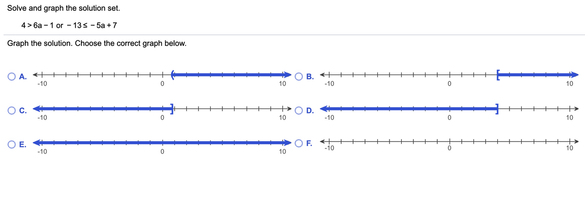 Solve and graph the solution set.
4> 6а - 1 or - 13< - 5а +7
Graph the solution. Choose the correct graph below.
O A.
-10
В.
-10
+
+
+
+
+
10
10
+>
O D.
-10
-10
10
10
OE.
-10
O F. +
-10
10
10
