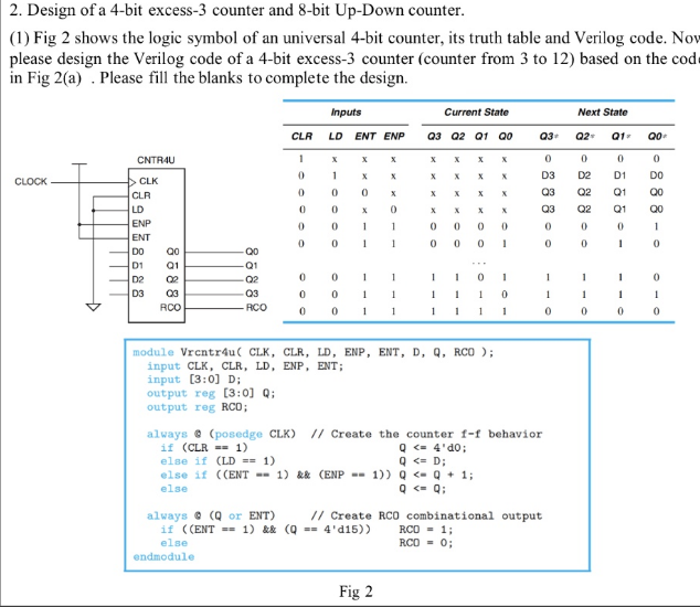 2. Design of a 4-bit excess-3 counter and 8-bit Up-Down counter.
(1) Fig 2 shows the logic symbol of an universal 4-bit counter, its truth table and Verilog code. Nov
please design the Verilog code of a 4-bit excess-3 counter (counter from 3 to 12) based on the cod
in Fig 2(a). Please fill the blanks to complete the design.
CLOCK
CNTR4U
CLK
CLR
LD
ENP
11
ENT
DO
D1
D2
D3
778588
88888
QO
Q1
-Q2
-Q3
RCO
CLR
1
0
0
0
0
0
0
0
0
Inputs
LD ENT ENP
1
0
0
0
0
X
0
X
X 0
1
X
X
1
1 1
0
1
0
1
0 1
1
1
1
Current State
Q3 Q2 Q1 QO
Fig 2
X
X
X
X X
X
X X
0
0
0
0 0 0
1 1
1
X
module Vrcntr4u( CLK, CLR, LD, ENP, ENT, D, Q, RCO );
input CLK, CLR, LD, ENP, ENT;
input [3:0] D;
output reg [3:0] Q;
output reg RCO;
0
1
1
1
0
1 1 1 1
X
Q <= 4'd0;
Q <= D;
X
0
1
always (posedge CLK) // Create the counter f-f behavior
if (CLR == 1)
else if (LD == 1)
else if ((ENT-1) && (ENP-1)) Q <- Q + 1;
else
Q <= Q;
Q3*
0
D3
Q3
Q3
always (Q or ENT)
// Create RCO combinational output
if ((ENT == 1) && (Q == 4'd15))
else
RCD = 1;
RCD = 0;
endmodule
0
0
1
0
Next State
Q2* Q1 QO
0
0
0
D2
D1
DO
Q2
Q1
Q2
Q1
0
1
0
0
1
1
0
-10
888
QO
1
0
0
1
0