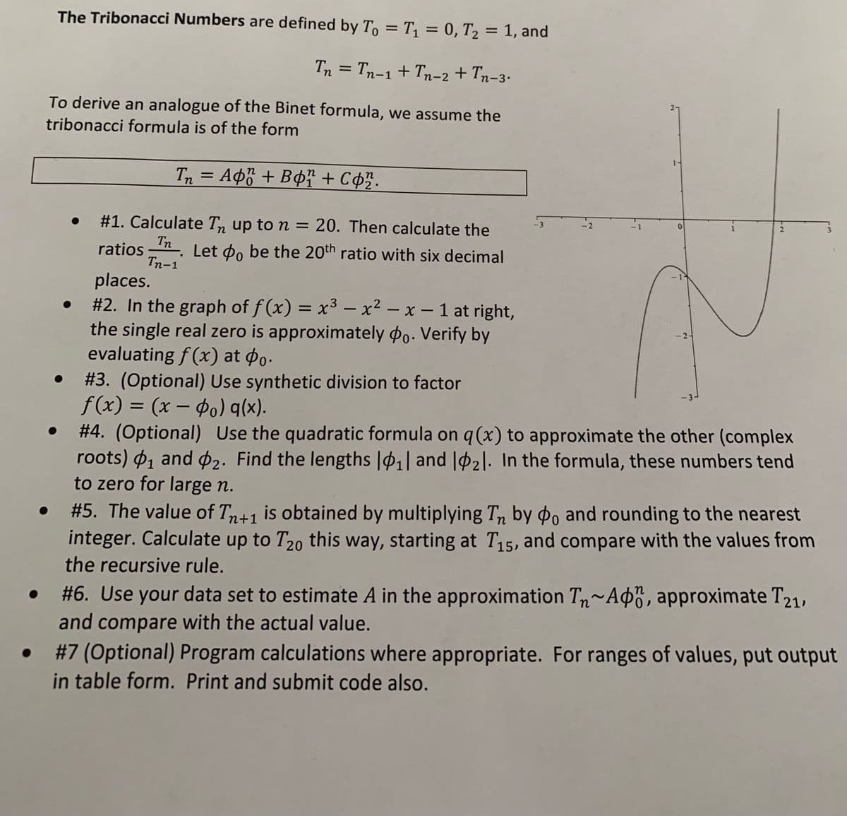 The Tribonacci Numbers are defined by To = T₁ = 0, T₂ = 1, and
0
Tn = Tn-1 + Tn_2 + Tn_3.
To derive an analogue of the Binet formula, we assume the
tribonacci formula is of the form
Tn = Apő + Bor + Co2.
#1. Calculate Tn up to n = 20. Then calculate the
ratios_™n. Let o be the 20th ratio with six decimal
Tn-1
places.
2
#2. In the graph of f(x) = x³ - x² - x - 1 at right,
the single real zero is approximately do. Verify by
evaluating f(x) at po.
2
#3. (Optional) Use synthetic division to factor
f(x) = (x - ₁) g(x).
#4. (Optional)
Use the quadratic formula on q (x) to approximate the other (complex
roots) ₁ and 2. Find the lengths |0₁| and 1₂1. In the formula, these numbers tend
to zero for large n.
#5. The value of Tn+1 is obtained by multiplying Tn by do and rounding to the nearest
integer. Calculate up to T20 this way, starting at T15, and compare with the values from
the recursive rule.
#6. Use your data set to estimate A in the approximation T~Aon, approximate T21,
and compare with the actual value.
#7 (Optional) Program calculations where appropriate. For ranges of values, put output
in table form. Print and submit code also.