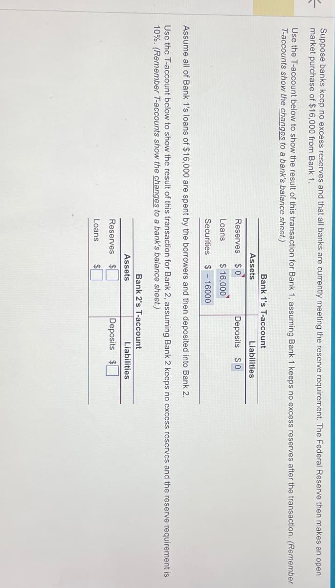 =
Suppose banks keep no excess reserves and that all banks are currently meeting the reserve requirement. The Federal Reserve then makes an open
market purchase of $16,000 from Bank 1.
Use the T-account below to show the result of this transaction for Bank 1, assuming Bank 1 keeps no excess reserves after the transaction. (Remember
T-accounts show the changes to a bank's balance sheet.)
Bank 1's T-account
Assets
Reserves $0
Liabilities
Deposits $0
Loans
$16,000
Securities $ - 16000
Assume all of Bank 1's loans of $16,000 are spent by the borrowers and then deposited into Bank 2.
Use the T-account below to show the result of this transaction for Bank 2, assuming Bank 2 keeps no excess reserves and the reserve requirement is
10%. (Remember T-accounts show the changes to a bank's balance sheet.)
Bank 2's T-account
Assets
Liabilities
Reserves
$
Deposits $
Loans
$