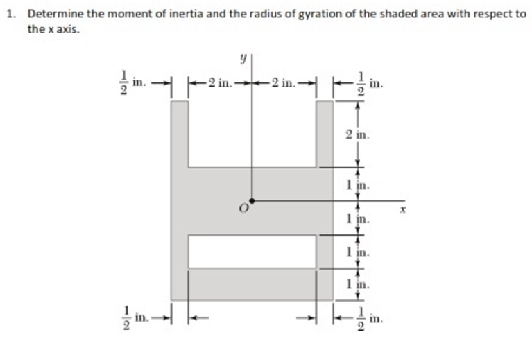 1. Determine the moment of inertia and the radius of gyration of the shaded area with respect to
the x axis.
-2 in.-
-2 in.-
in.
2 in.
1 in.
1 in.
Iin.
1in.
in.
in.
