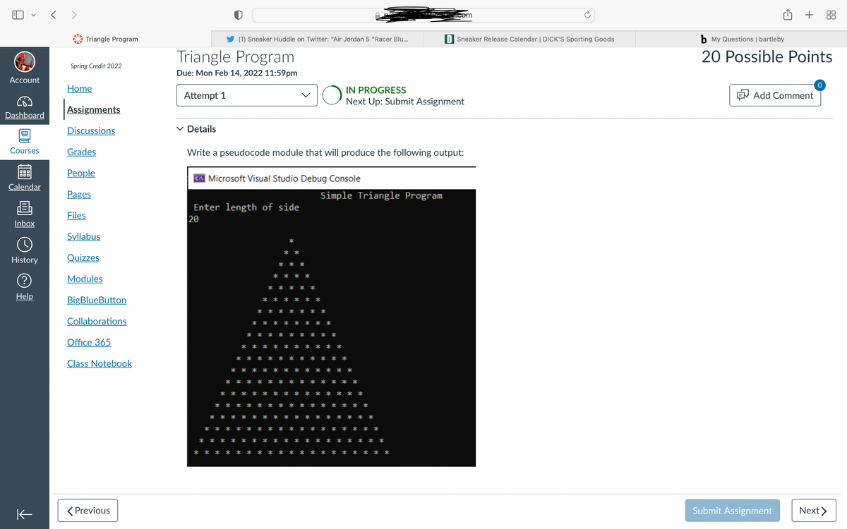 tom
+
Triangle Program
(1) Sneaker Huddle on Twitter: "Air Jordan 5 "Racer Blu...
D Sneaker Release Calendar | DICK'S Sporting Goods
b My Questions | bartleby
Triangle Program
20 Possible Points
Spring Credit 2022
Due: Mon Feb 14, 2022 11:59pm
Account
Home
IN PROGRESS
Next Up: Submit Assignment
Attempt 1
EN Add Comment
Assignments
Dashboard
Discussions
v Details
Courses
Grades
Write a pseudocode module that will produce the following output:
Реople
D00
Microsoft Visual Studio Debug Console
Calendar
Pages
Simple Triangle Program
Enter length of side
20
Files
Inbox
Syllabus
History
Quizzes
* *
Modules
Help
BigBlueButton
*
Collaborations
Office 365
*
Class Notebook
* *
* *
( Previous
Submit Assignment
Next >
88
