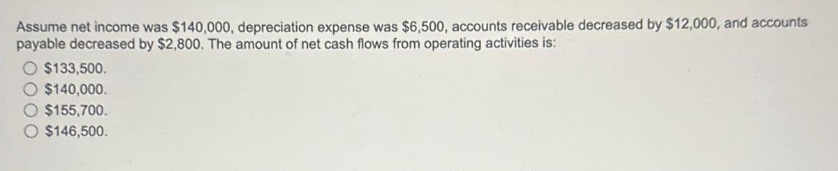 Assume net income was $140,000, depreciation expense was $6,500, accounts receivable decreased by $12,000, and accounts
payable decreased by $2,800. The amount of net cash flows from operating activities is:
$133,500.
$140,000.
$155,700.
$146,500.