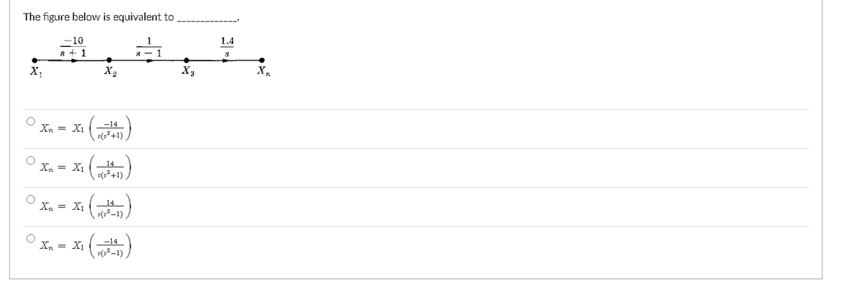 The figure below is equivalent to
10
1.4
1
X,
X2
Xy
X.
-14
Xn = X1
s(s?+1)
14
X = X,
s(s*+1) ,
14
Xn = X
Ox. -
-14
X = X1
