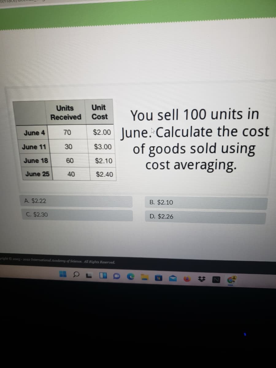 Units
Unit
You sell 100 units in
Received
Cost
$2.00 June. Calculate the cost
of goods sold using
cost averaging.
June 4
70
June 11
30
$3.00
June 18
60
$2.10
June 25
40
$2.40
A. $2.22
B. $2.10
C. $2.30
D. $2.26
gright 200g-2022 International Academy of Seience. All Rights Reserved.
