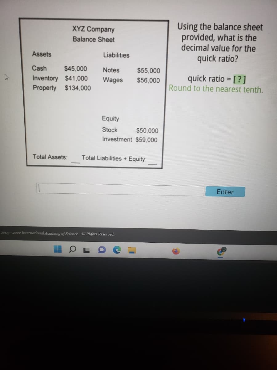 Using the balance sheet
provided, what is the
decimal value for the
XYZ Company
Balance Sheet
Assets
Liabilities
quick ratio?
Cash
$45,000
Notes
$55,000
Inventory $41,000
Property
quick ratio = [ ?]
Round to the nearest tenth.
Wages
$56,000
$134,000
Equity
Stock
$50,000
Investment $59,000
Total Assets:
Total Liabilities + Equity:
Enter
2003 - 2022 International Academy of Science. All Rights Reserved.
