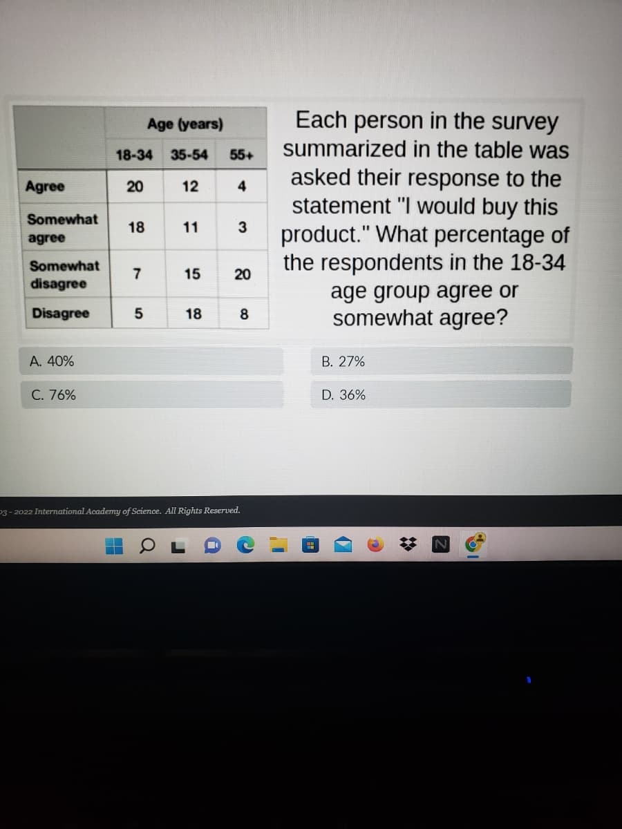 Age (years)
18-34 35-54 55+
Agree
20
12
4
Somewhat
18
11
3
agree
Somewhat
7
15
20
disagree
Disagree
18
8
A. 40%
C. 76%
P3-2022 International Academy of Science. All Rights Reserved.
H
5
Each person in the survey
summarized in the table was
asked their response to the
statement "I would buy this
product." What percentage of
the respondents in the 18-34
age group agree or
somewhat agree?
B. 27%
D. 36%
a
i
I