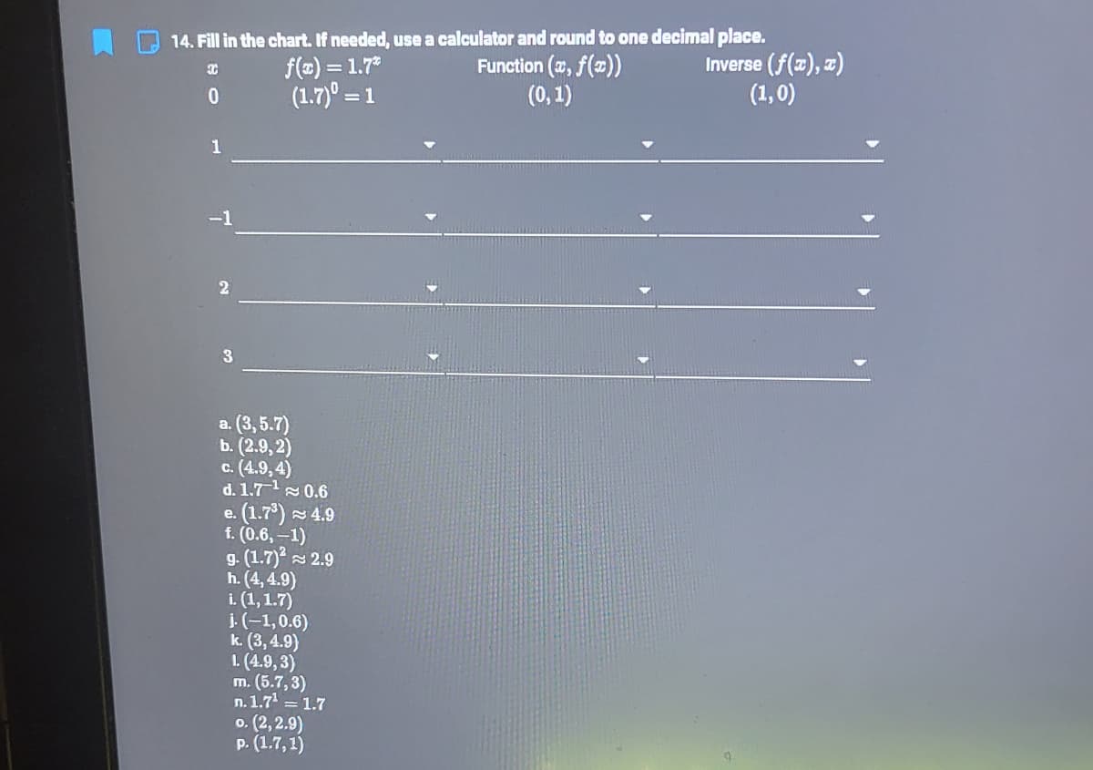 14. Fill in the chart. If needed, use a calculator and round to one decimal place.
f(=) = 1.7*
(1.7)° =
Function (z, f(2))
(0,1)
Inverse (f(), z)
(1,0)
1
-1
a. (3, 5.7)
b. (2.9,2)
c. (4.9,4)
d. 1.7 0.6
e. (1.7°) 4.9
f. (0.6, –1)
g. (1.7) 2.9
h. (4, 4.9)
i. (1,1.7)
i-(-1,0.6)
k. (3,4.9)
1. (4.9,3)
m. (5.7, 3)
n. 1.7 = 1.7
o. (2, 2.9)
P. (1.7, 1)
日0
