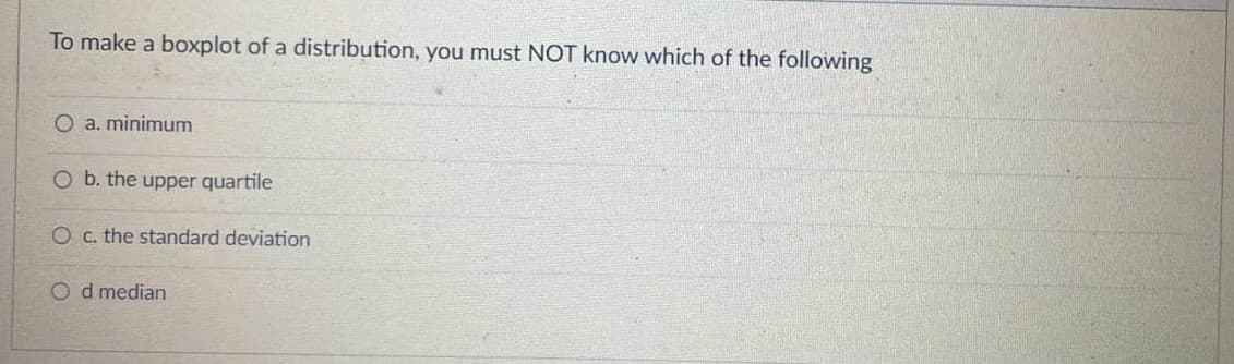 To make a boxplot of a distribution, you must NOT know which of the following
O a. minimum
O b. the upper quartile
O c. the standard deviation
Od median