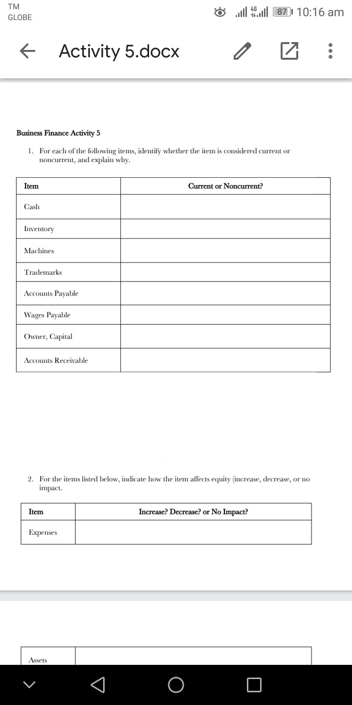 TM
all al 87) 10:16 am
GLOBE
E Activity 5.docx
Business Finance Activity 5
1. For each of the following items, identify whether the item is considered current or
noncurrent, and explain why.
Item
Current or Noncurrent?
Cash
Inventory
Machines
Trademarks
Accounts Payable
Wages Payable
Owner, Capital
Accounts Receivable
2. For the items listed below, indicate how the item affects equity (increase, decrease, or no
impact.
Item
Increase? Decrease? or No Impact?
Expenses
Assets
