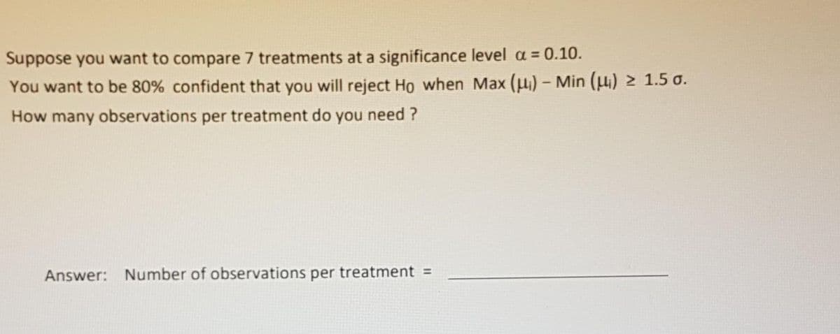 Suppose you want to compare 7 treatments at a significance level a = 0.10.
You want to be 80% confident that you will reject Ho when Max (µ) - Min (ui) 2 1.5 o.
How many observations per treatment do you need ?
Answer: Number of observations per treatment =
