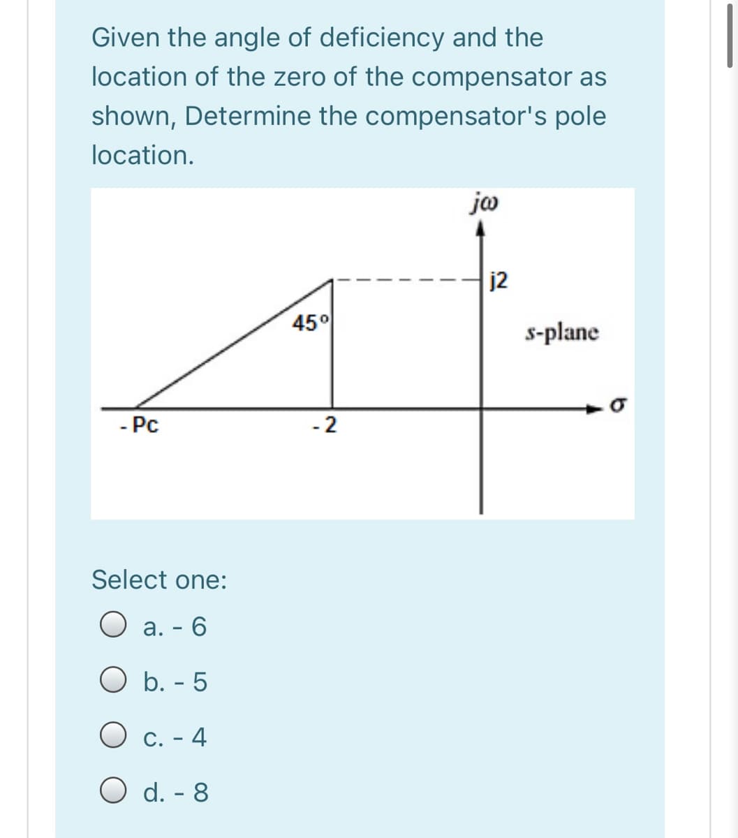 Given the angle of deficiency and the
location of the zero of the compensator as
shown, Determine the compensator's pole
location.
jo
j2
45°
s-plane
- Pc
- 2
Select one:
O a. - 6
O b. - 5
O c. - 4
O d. - 8
