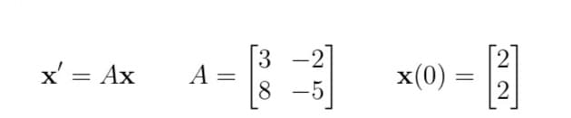 x' = Ax
A =
8
-5
-
x(0) :
=
2
2